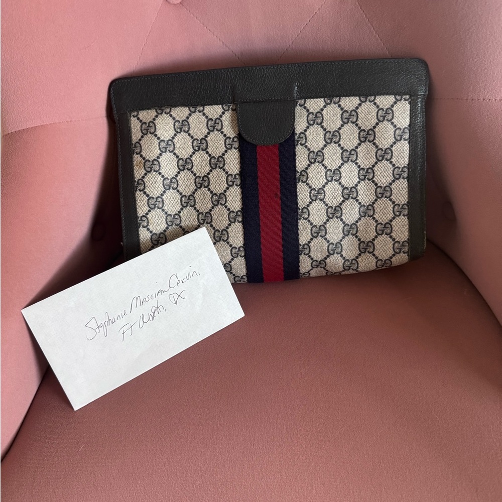 Gucci Beige and Black Monogram Clutch with Red and Blue Accent